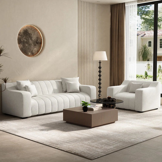 Anella sofa lifestyle shot — white fabric three seater lounge room styling