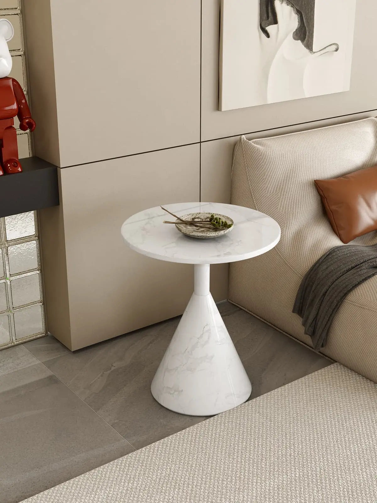 Zerisse side table room view — round stone side table contemporary styling