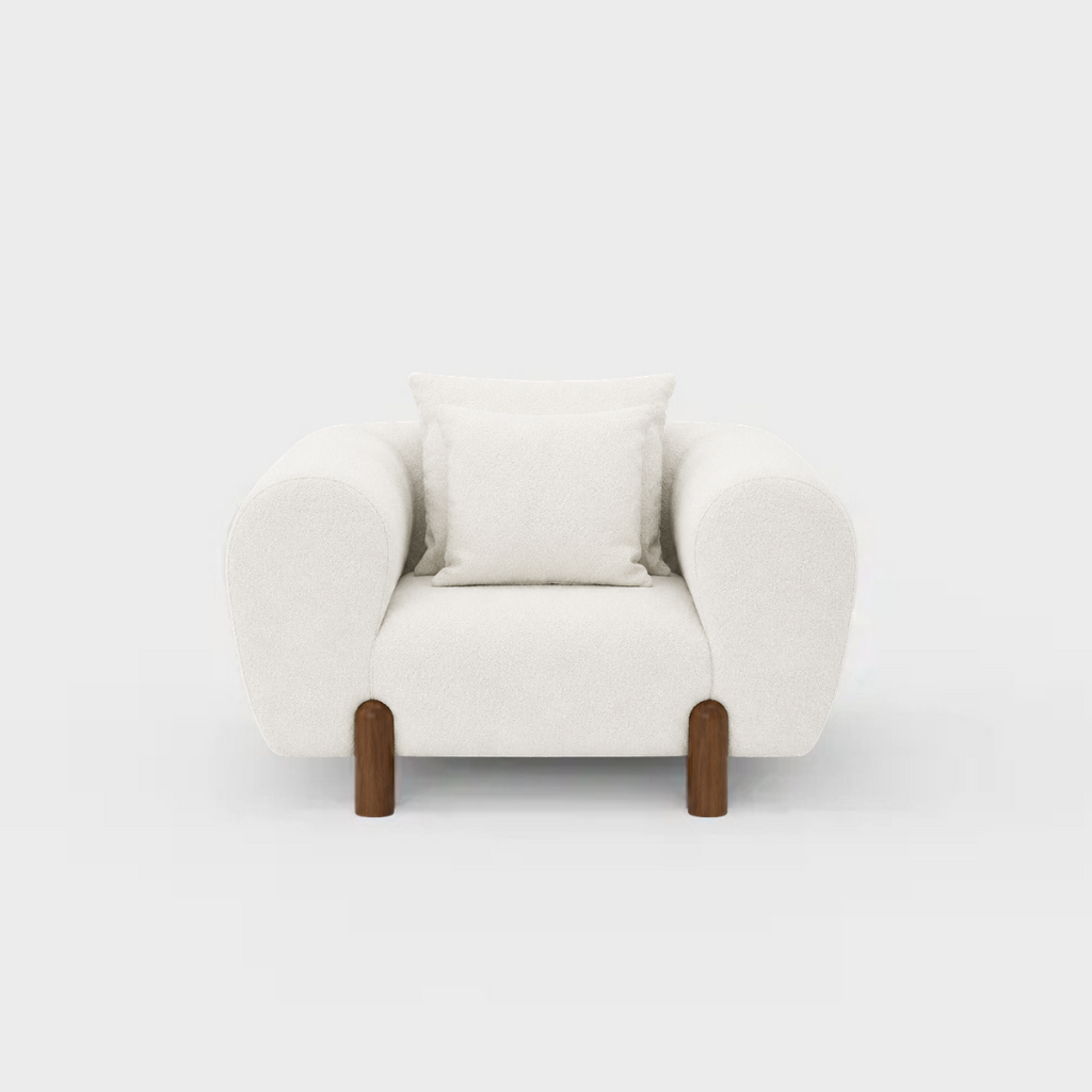 JOLIN Furniture Serenith one-seater sofa with beige upholstery and modern design, shown from a side view.