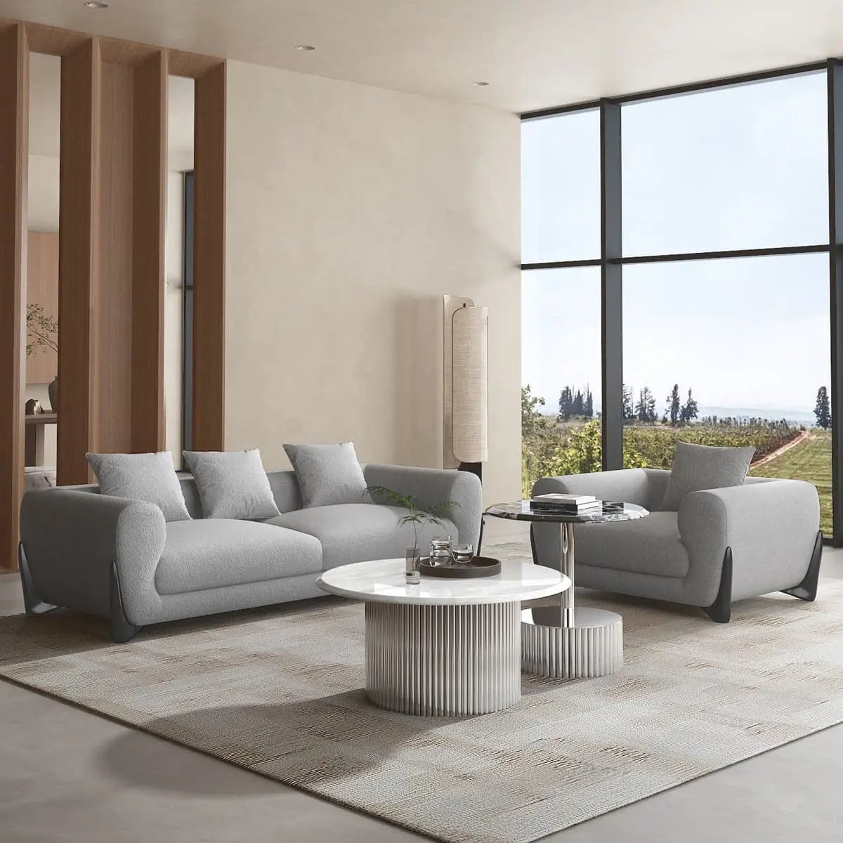 Kaedra sofa lifestyle — contemporary grey sofa living room Australia