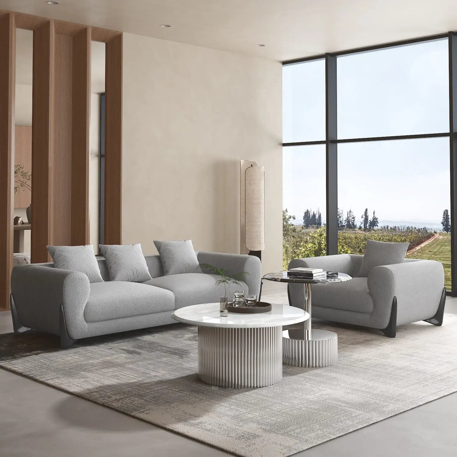 Kaedra single sofa lifestyle — grey polyester accent chair black legs JOLIN