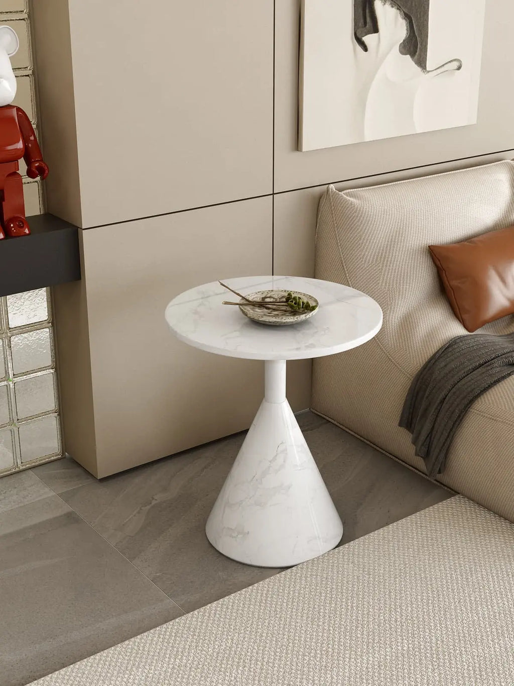 Zerisse side table room view — round stone side table contemporary styling