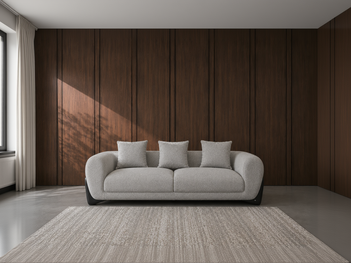 JOLIN Furniture Kaedra three-seater sofa with plush gray fabric and modern design, shown with cushions in a living room setting.