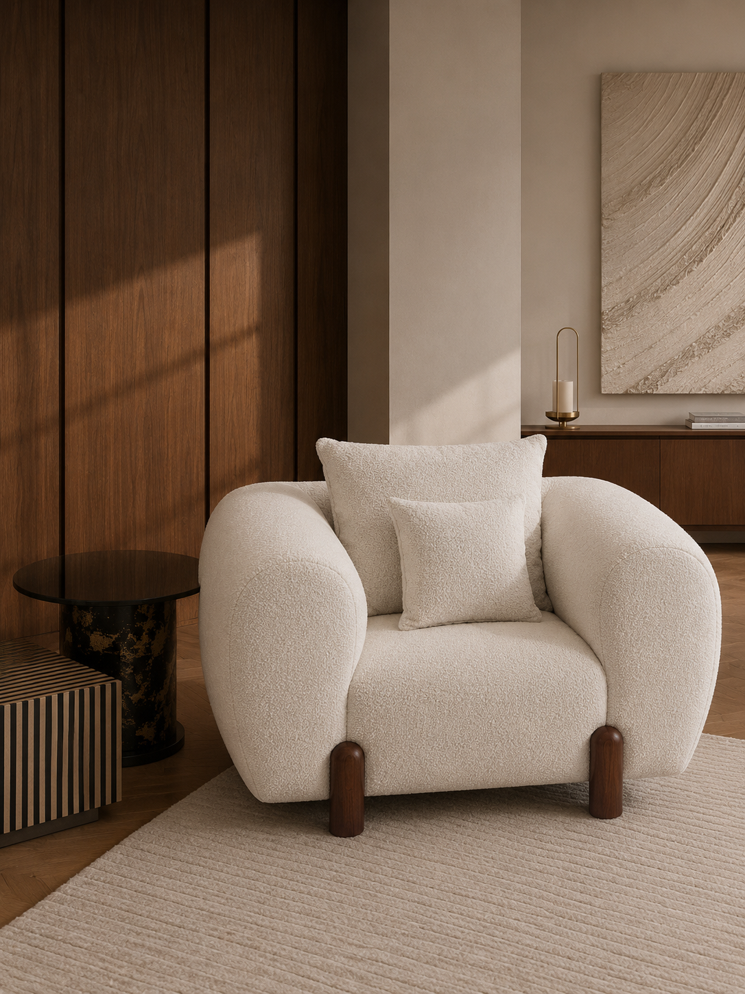 JOLIN Furniture Serenith single-seater sofa with plush upholstery and modern design, shown in a cozy living room setting.