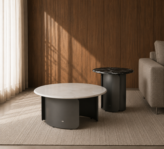 Modern Tazara table set by JOLIN Furniture featuring a wooden table with four matching chairs in a stylish living room setting.