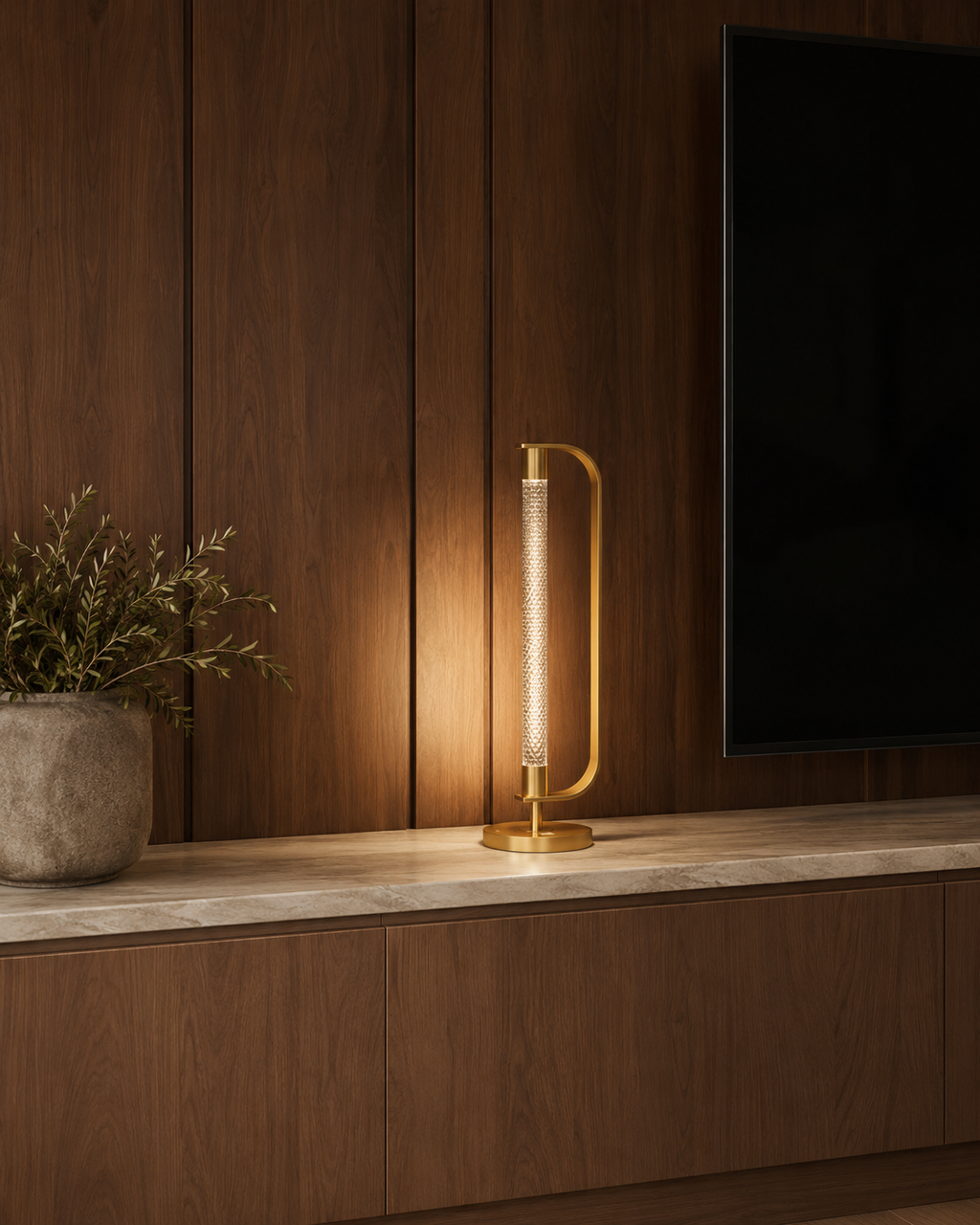 JOLIN Furniture Ariess lamp with a sleek modern design and fabric shade, placed on a wooden table in a cozy living room setting.