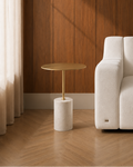 JOLIN Furniture Aurelith side table with a sleek round wooden top and metal legs, modern accent for living room or bedroom.