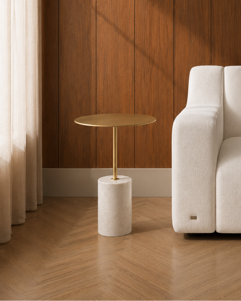 JOLIN Furniture Aurelith side table with a sleek round wooden top and metal legs, modern accent for living room or bedroom.