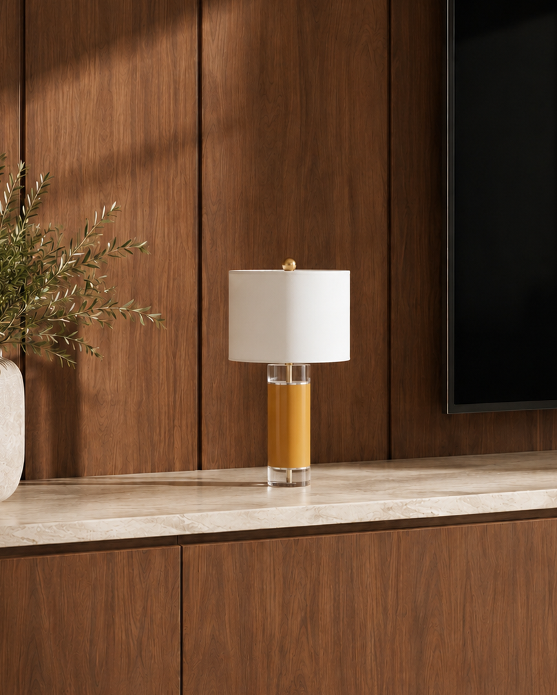 JOLIN Furniture Elaria Lamp with a sleek modern design, featuring a white ceramic base and a fabric lampshade.