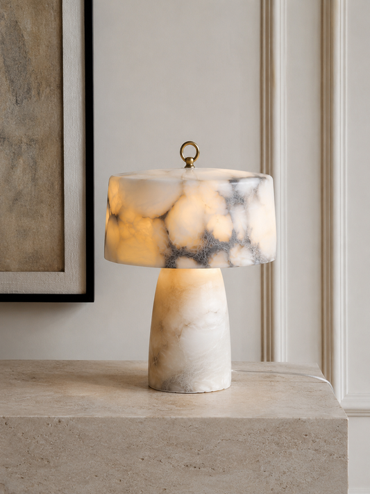 Marble table lamp with sleek white and gray marble base and white lampshade, modern design by JOLIN Furniture.