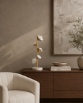JOLIN Furniture Florielle Lamp with a sleek, modern design featuring a white fabric shade and wooden base.