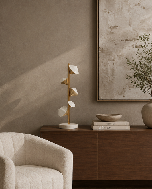 JOLIN Furniture Florielle Lamp with a sleek, modern design featuring a white fabric shade and wooden base.