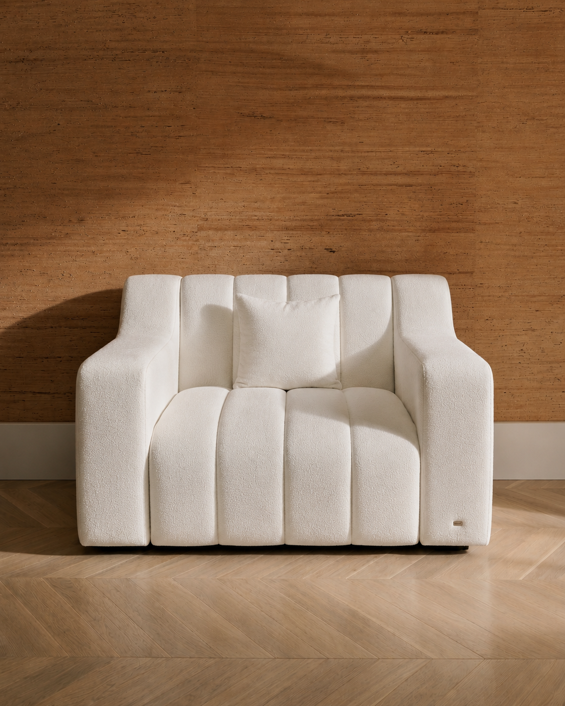 JOLIN Furniture Anella One Seater Sofa in neutral fabric with plush cushions and modern design.