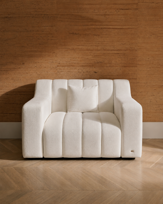 JOLIN Furniture Anella One Seater Sofa in neutral fabric with plush cushions and modern design.