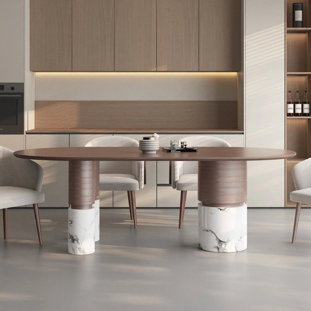 Ophelia table top detail — natural marble veining, round dining table JOLIN Furniture