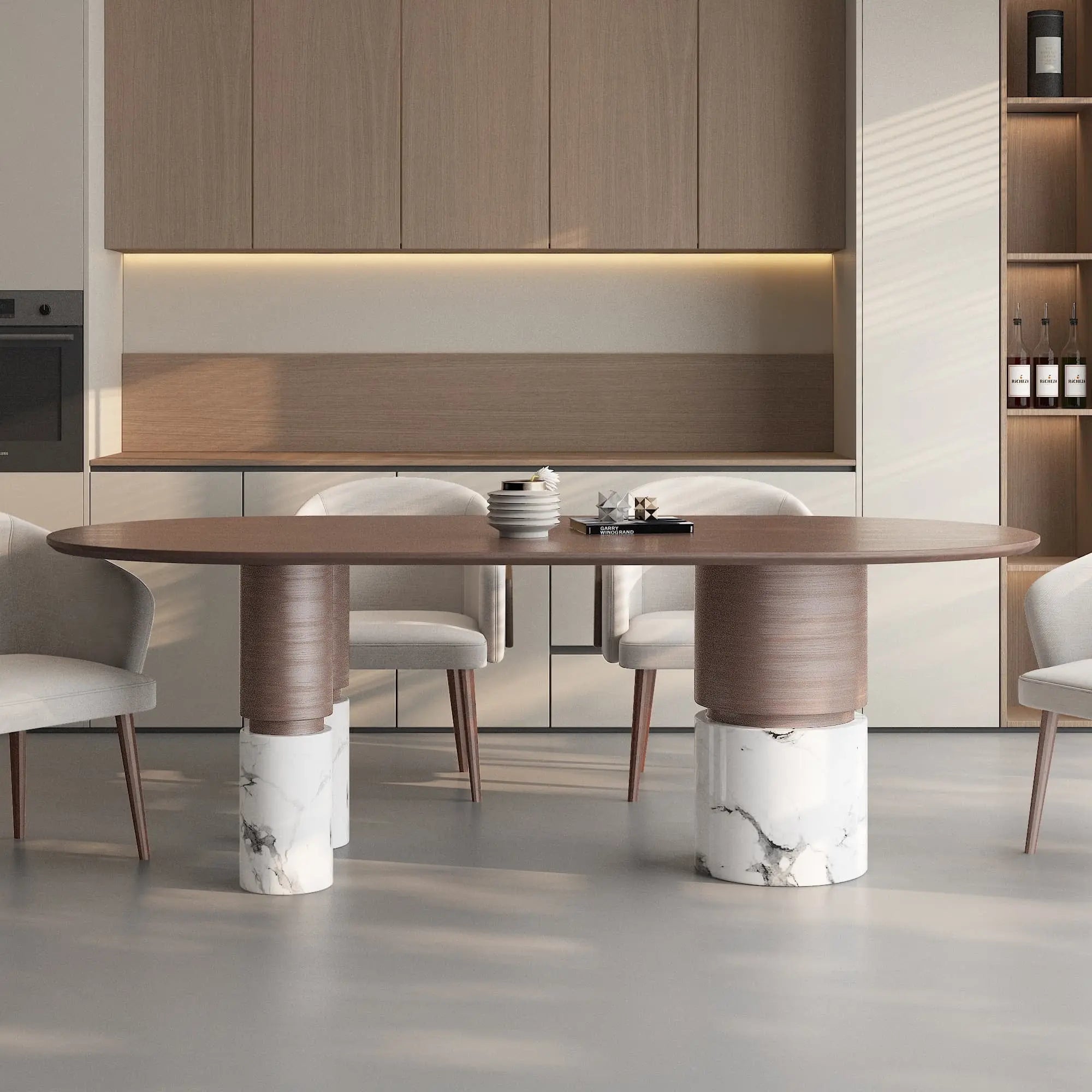 Ophelia table top detail — natural marble veining, round dining table JOLIN Furniture